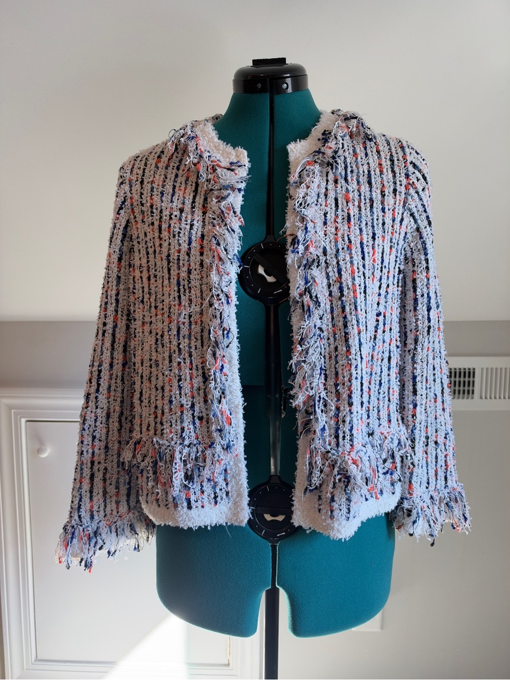 French Connection Light Blue Multi-Color Tweed Fringed Jacket